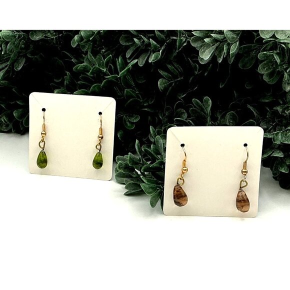 Set Of 2 Pairs Gold Tone Drop Earrings With Green & Brown Glass Teardrops - Picture 3 of 4